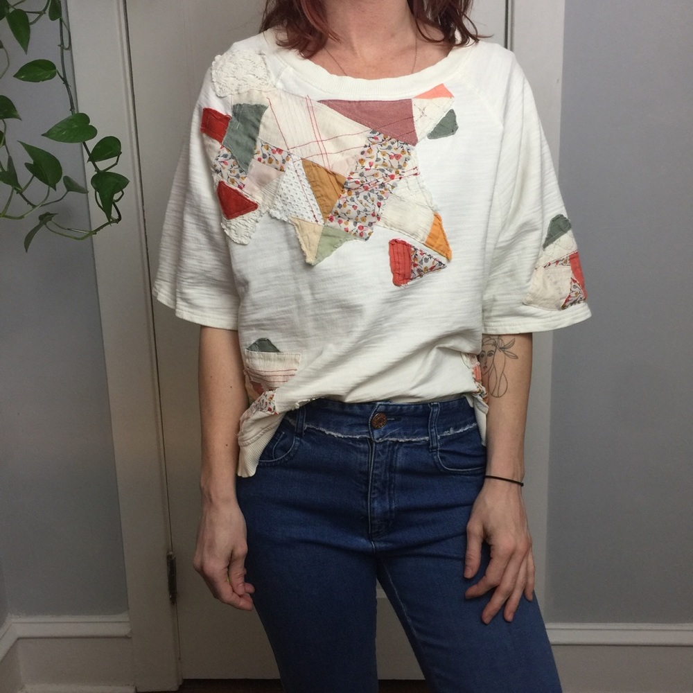 Postage Stamp Patchwork Sweater Boho Top Blouse - Picture 2 of 8